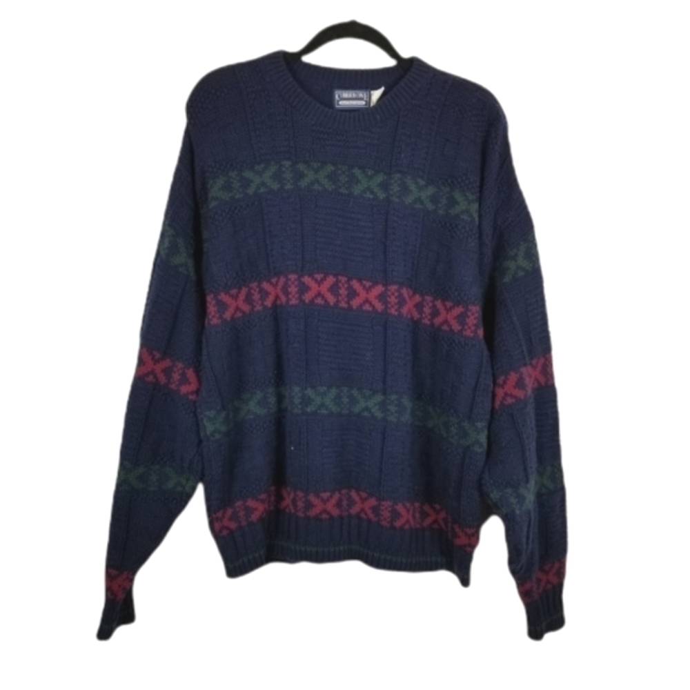 Crew Neck Sweater Striped 100% Cotton Soft Oversized Textured Ribbed Chunky XL